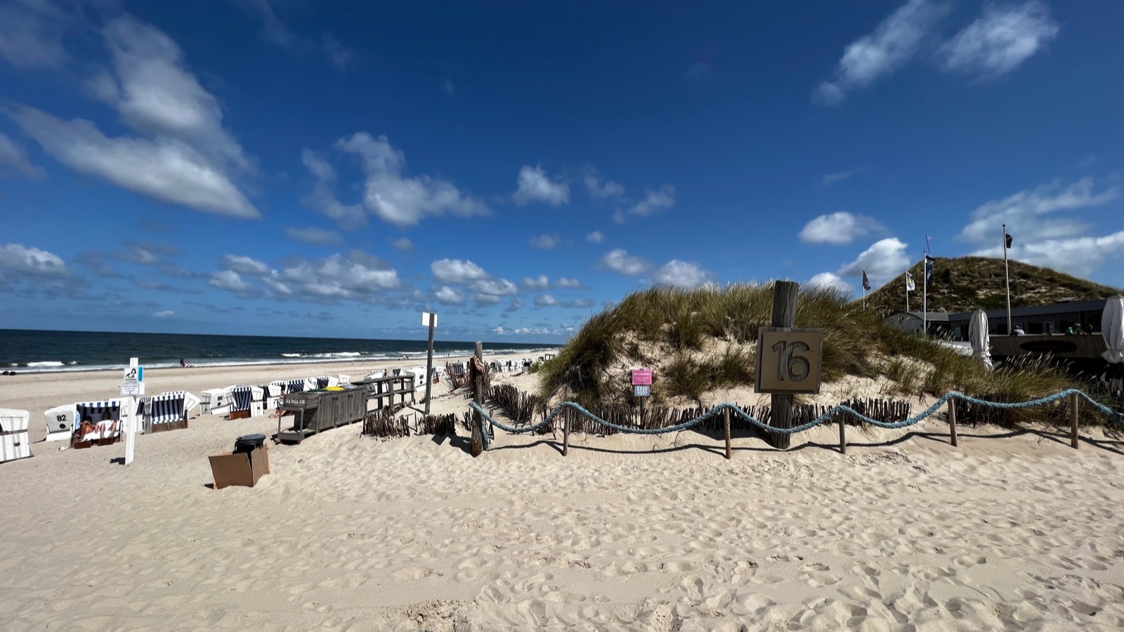 Strandkörbe am Weststrand vor blauem Himmel